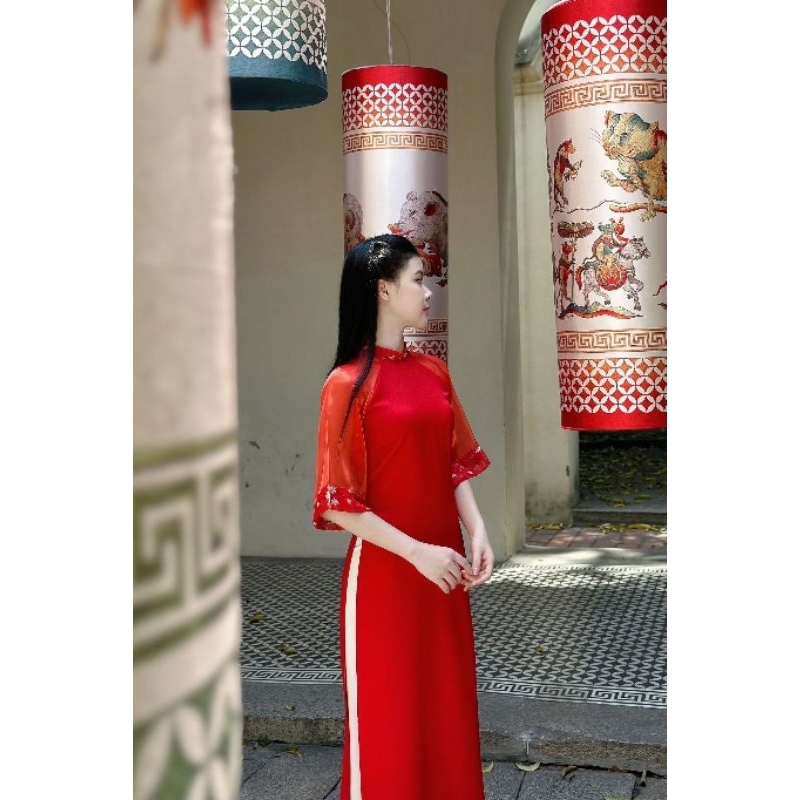 Áo dài nữ 💝FREESHIP💝 Áo dài cách tân màu đỏ màu vàng phối tay cực đẹp