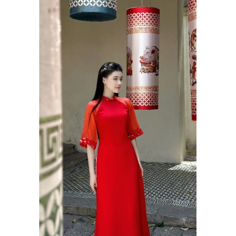 Áo dài nữ 💝FREESHIP💝 Áo dài cách tân màu đỏ màu vàng phối tay cực đẹp