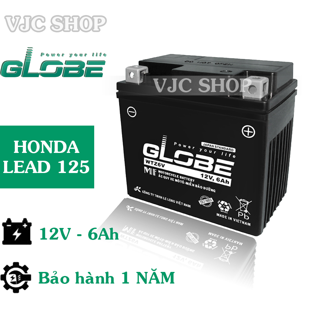 Bình Ắc Quy Globe 12V-6Ah WTZ6V sử dụng cho xe máy Honda Lead 125, Vision mới, xe có Idiling Stop - Bảo hành 1 năm