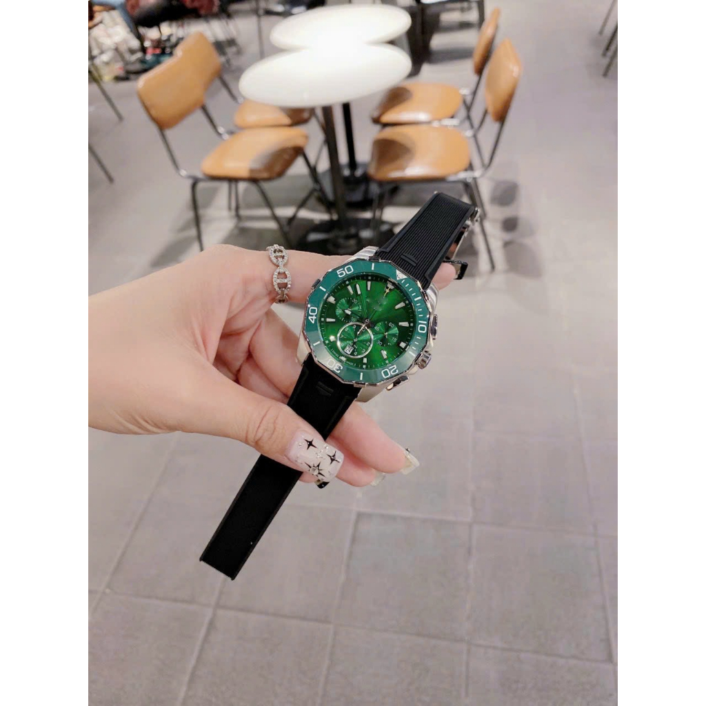 Đồng Hồ Nam Quartz Tagheuer Chronograph Dây Silicon Mặt Xanh, Size 43mm
