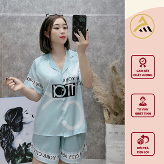 Bộ Đồ Ngủ Pijama Nữ ANH MỸ Tay Ngắn Quần Ngắn Lụa Xước Thoáng Mát Họa Tiết Chữ SP0037
