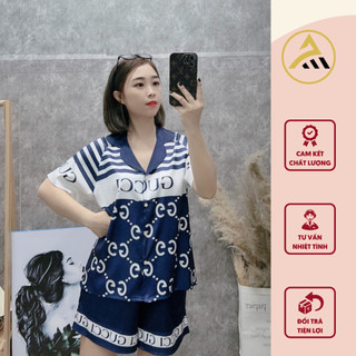 Bộ Đồ Ngủ Pijama Nữ ANH MỸ Tay Ngắn Quần Ngắn Lụa Xước Thoáng Mát Họa Tiết Chữ SP0038