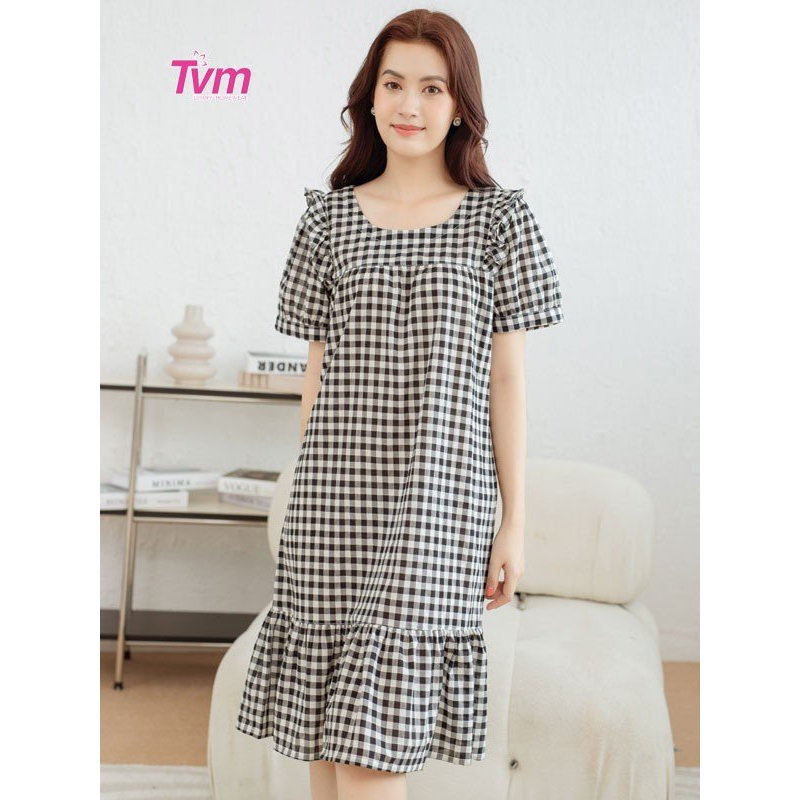 Đầm nữ ngắn tay DA609 Tvm Luxury Homewear, chất liệu kate boiz