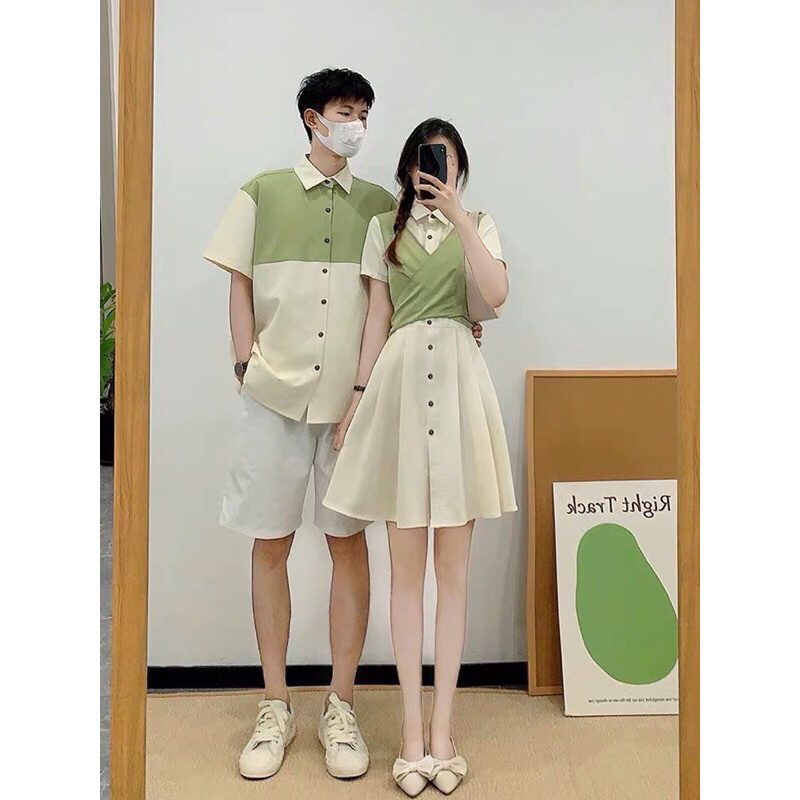 Váy sơmi đôi phối màu cute thắt eo tôn dáng