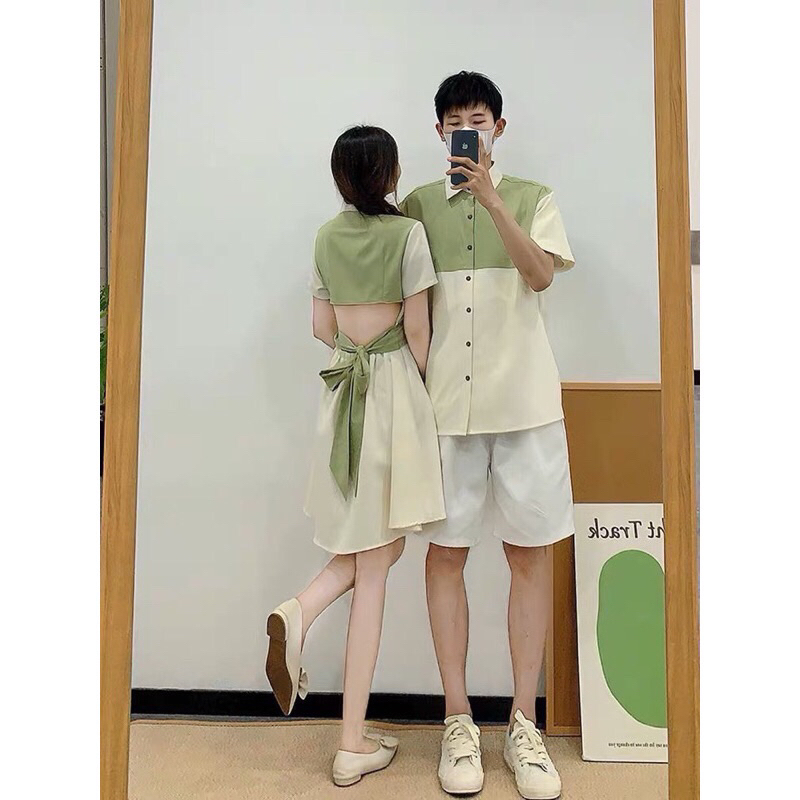 Váy sơmi đôi phối màu cute thắt eo tôn dáng