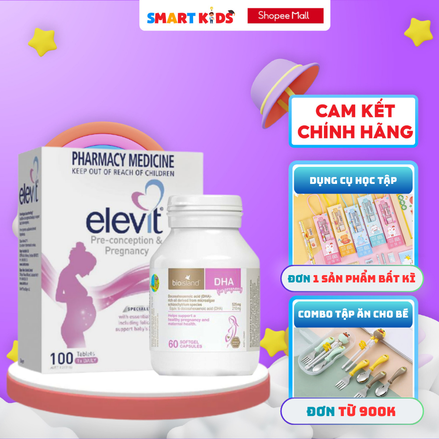 Combo chăm sóc mẹ bầu từ 0 đến 3 tháng DHA Bioisland, Elevit vitamin tổng hợp mẹ khoẻ bé thông minh
