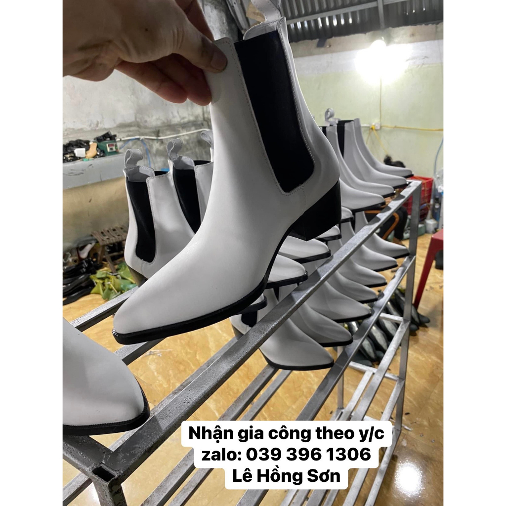 THE DAKANA Monochrome Chelsea Boots, Giày Bốt Nam Trắng Đế Đen Cao 5cm Da Bò nguyên tấm khâu gót gỗ Bảo Hành 12 tháng