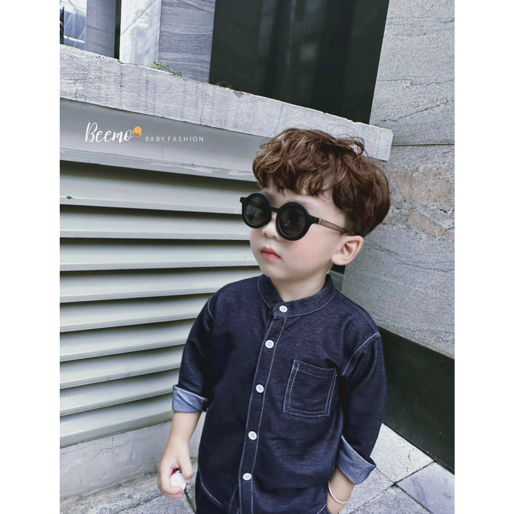 Set bộ sơ mi Beemo cho bé trai, dài tay cổ tàu giả jeans may chỉ nổi, vải cotton da cá mềm mại 23323B