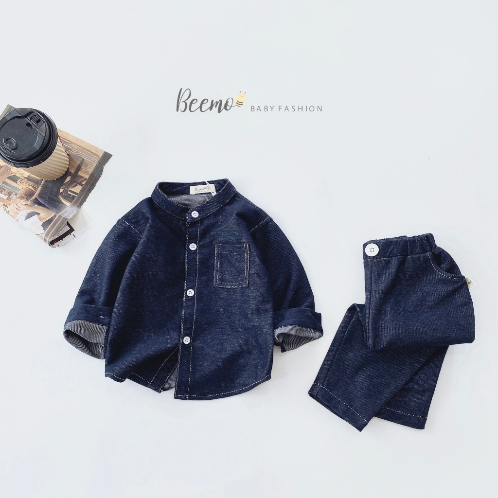 Set bộ sơ mi Beemo cho bé trai, dài tay cổ tàu giả jeans may chỉ nổi, vải cotton da cá mềm mại 23323B