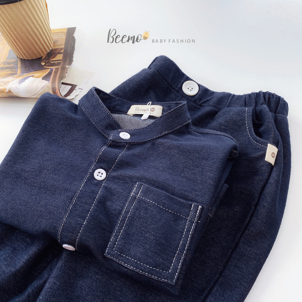 Set bộ sơ mi Beemo cho bé trai, dài tay cổ tàu giả jeans may chỉ nổi, vải cotton da cá mềm mại 23323B