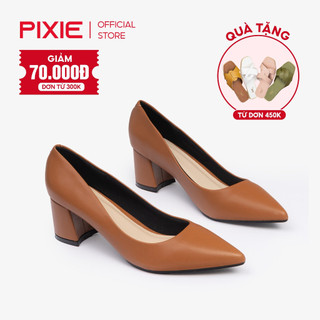 Giày Cao Gót Đế Vuông 5cm Mũi Nhọn Basic Màu Nâu Pixie P055