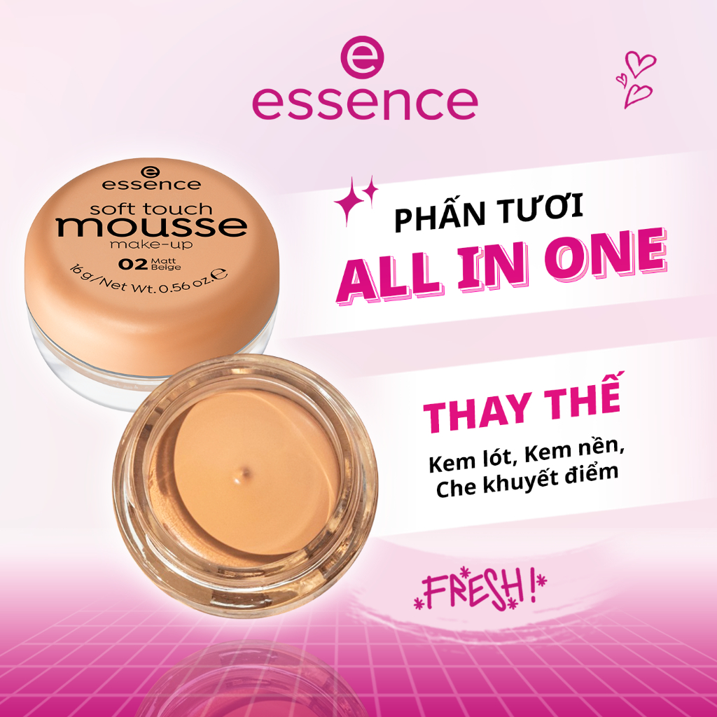 Phấn tươi Essence Soft Touch Mousse Makeup Đức che khuyết điểm chất kem mỏng nhẹ tự nhiên 16g