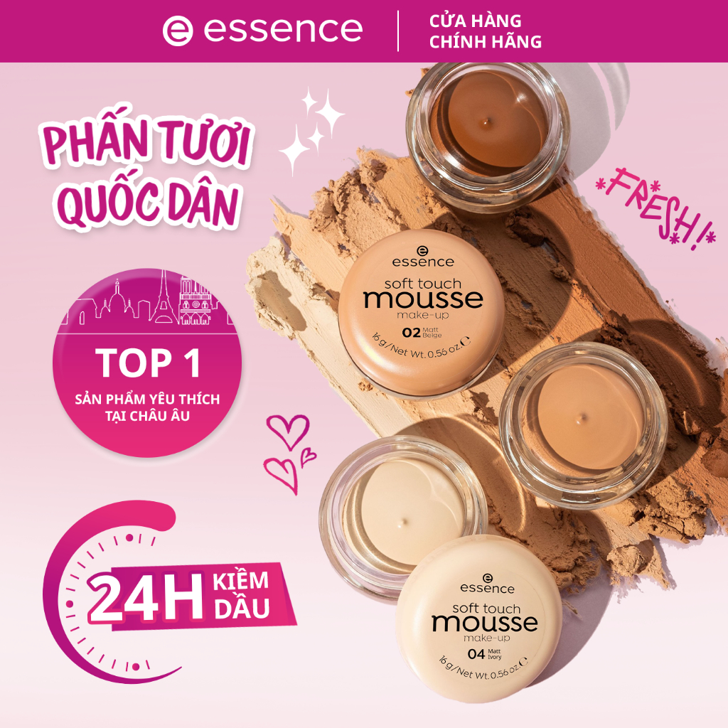 Phấn tươi Essence Soft Touch Mousse Makeup Đức che khuyết điểm chất kem mỏng nhẹ tự nhiên 16g