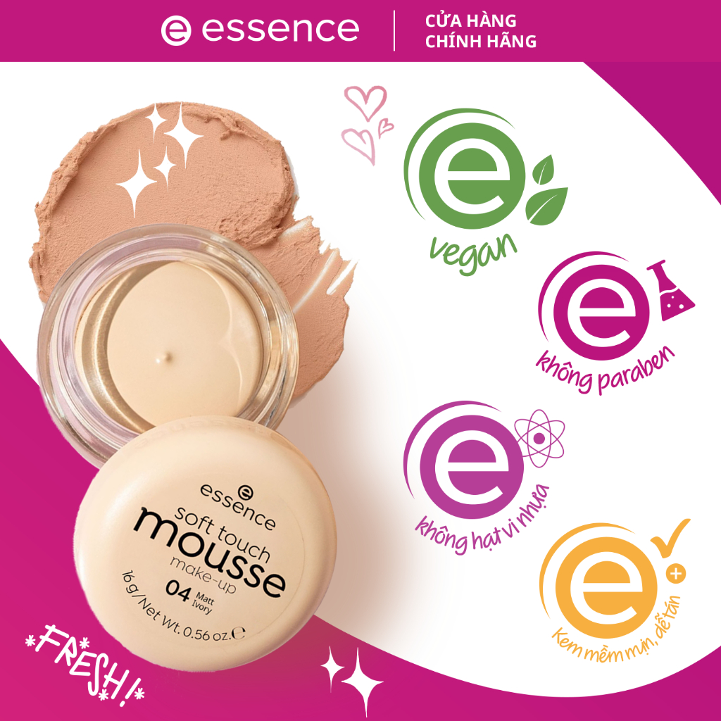 Phấn tươi Essence Soft Touch Mousse Makeup Đức che khuyết điểm chất kem mỏng nhẹ tự nhiên 16g