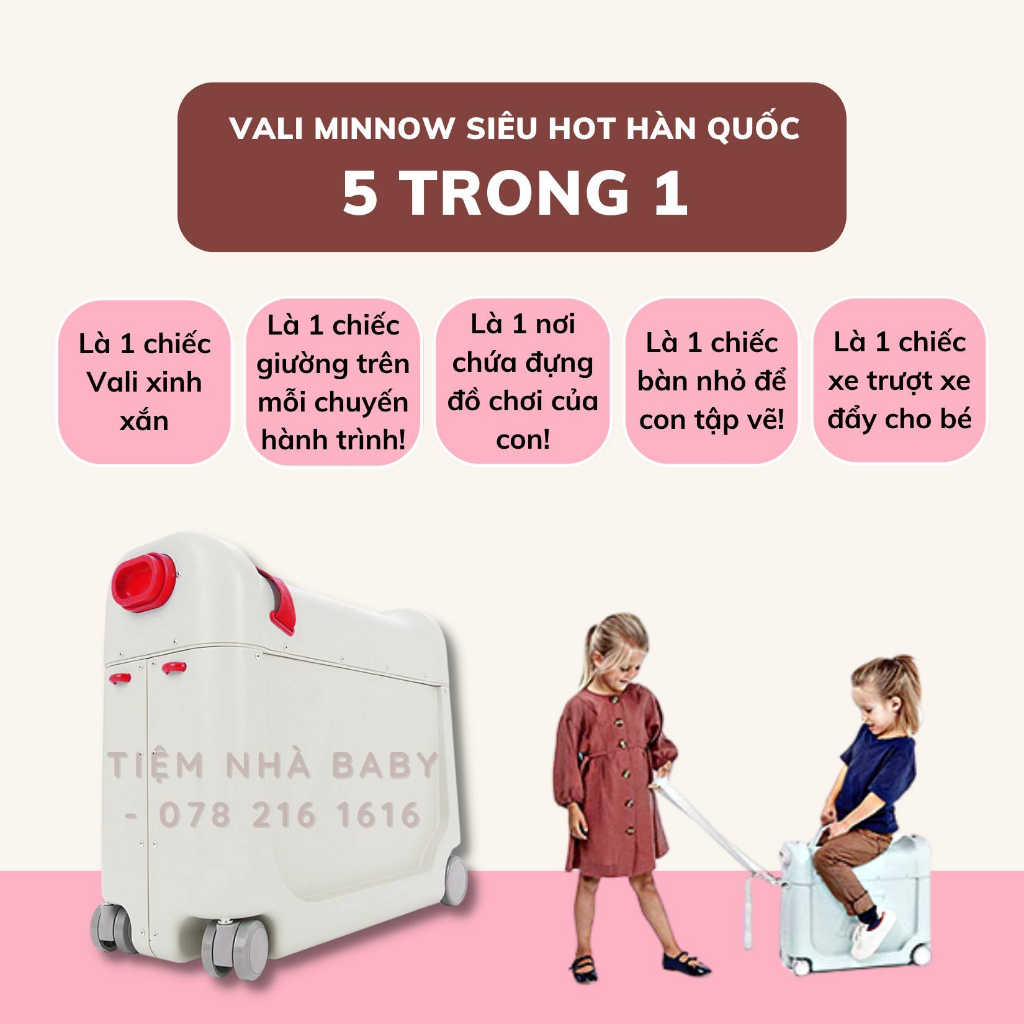 Vali 5 in1 Giường Ngủ Di Động siêu Hot chính hãng Hàn Quốc MINNOW 20L tặng kèm túi quà yêu thương cho bé yêu
