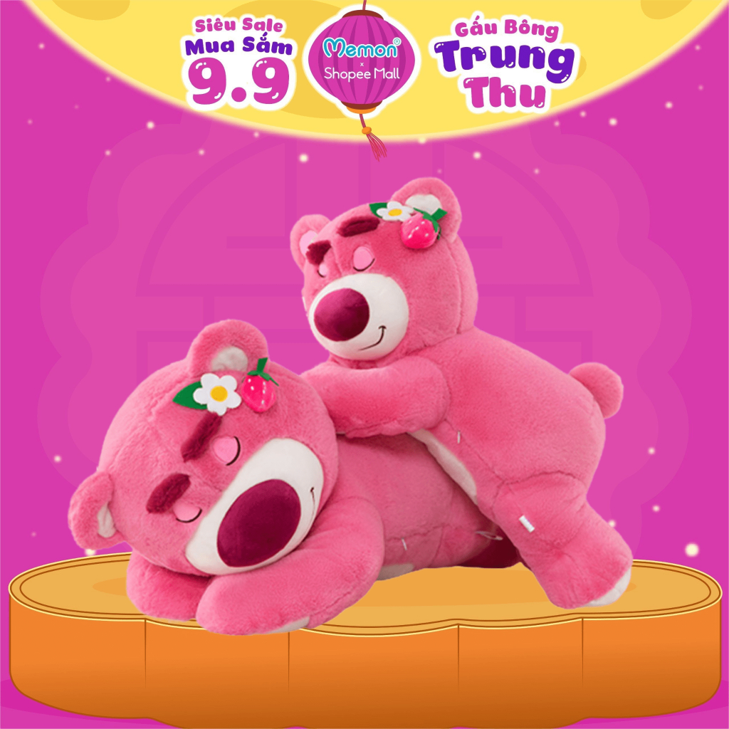 Gấu Bông Lotso Huggin Bear Lông Xù Tai Dâu Nằm Cao Cấp Memon