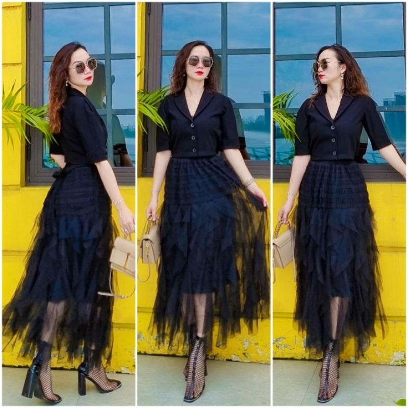 Chân váy công chúa ren lưới bèo rơi, dáng dài thướt tha, mix đồ cực xinh, mặc full 4 mùa Ảnh thật