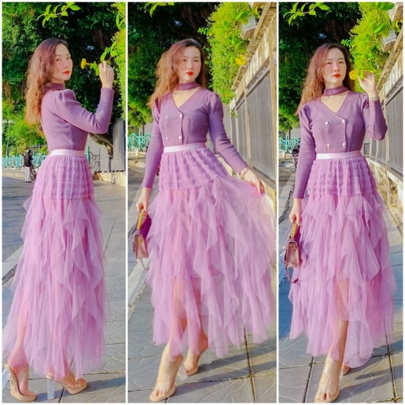 Chân váy công chúa ren lưới bèo rơi, dáng dài thướt tha, mix đồ cực xinh, mặc full 4 mùa Ảnh thật