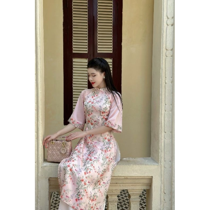Áo dài nữ 💝FREESHIP💝 Áo dài nữ hoa phối tay trơn