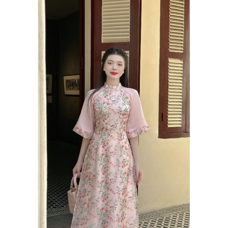 Áo dài nữ 💝FREESHIP💝 Áo dài nữ hoa phối tay trơn