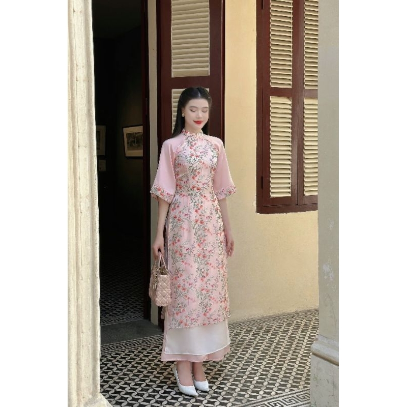 Áo dài nữ 💝FREESHIP💝 Áo dài nữ hoa phối tay trơn