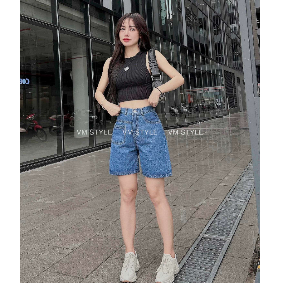 Quần short jean nữ VMSTYLE bò lửng ống rộng lai thường phối túi cá tính -576- LJU00012