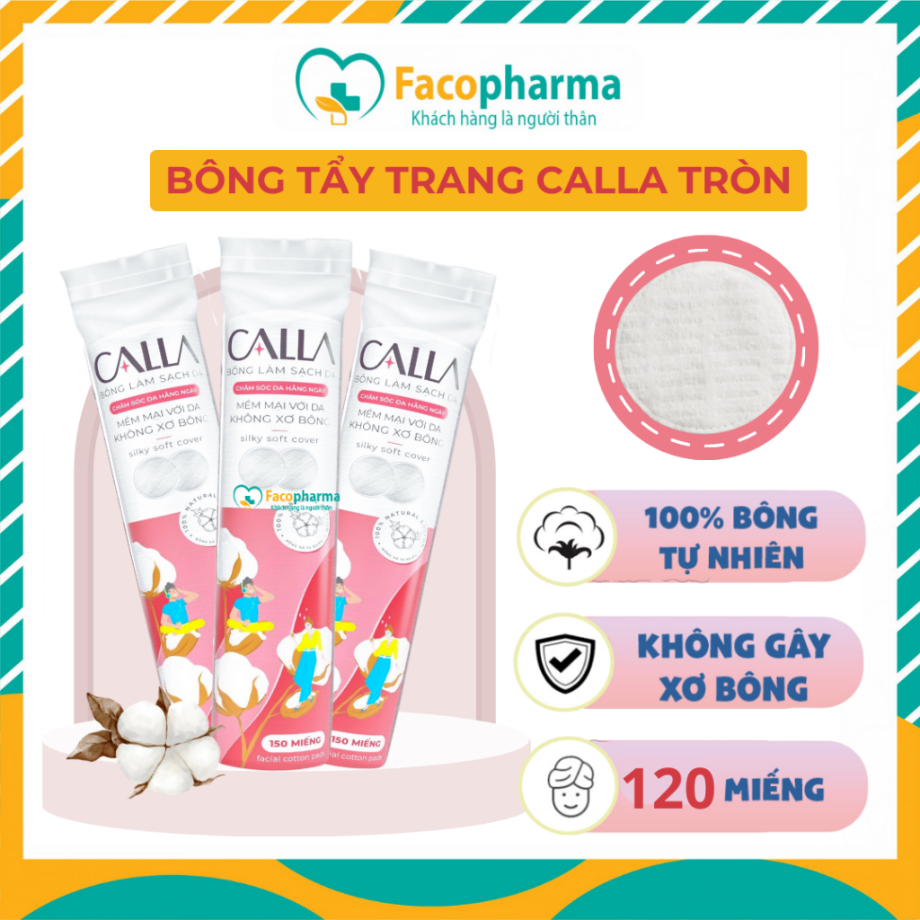 Bông tẩy trang Calla tròn Bông Bạch Tuyết chính hãng giúp làm sạch da bề mặt bông mềm mịn 120 miếng/gói