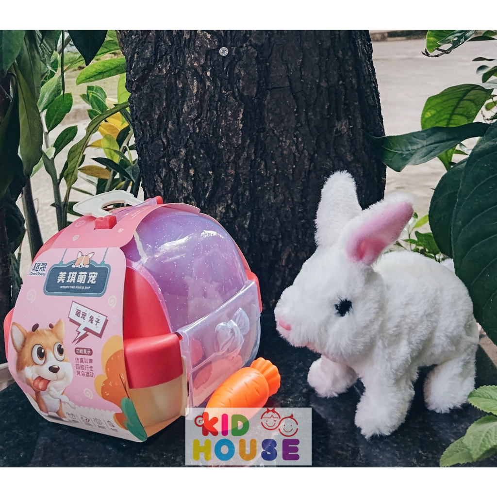 Đồ chơi chăm sóc thú cưng, thỏ bông, chó bông biết đi, kêu, vẫy đuôi kèm lồng và phụ kiện ảnh thật