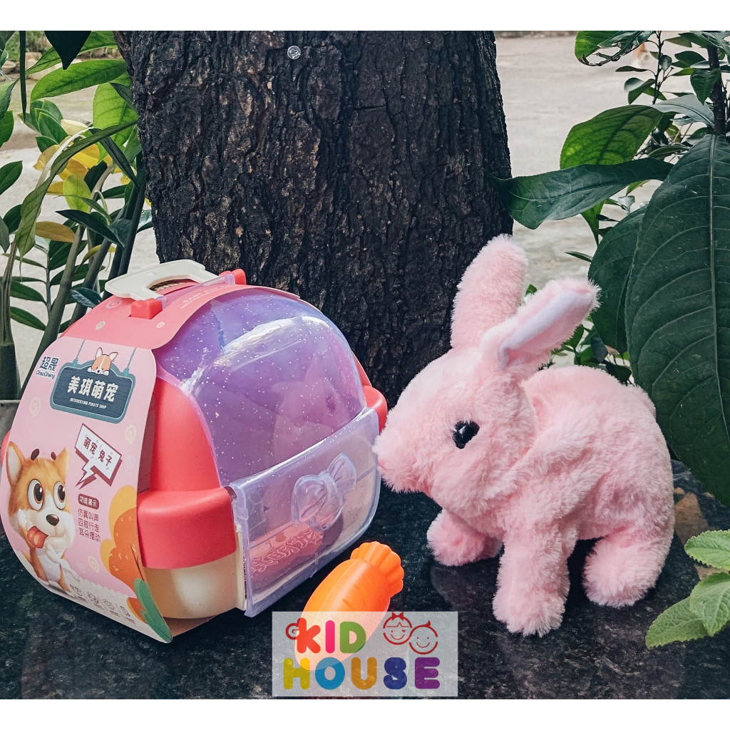 Đồ chơi chăm sóc thú cưng, thỏ bông, chó bông biết đi, kêu, vẫy đuôi kèm lồng và phụ kiện ảnh thật