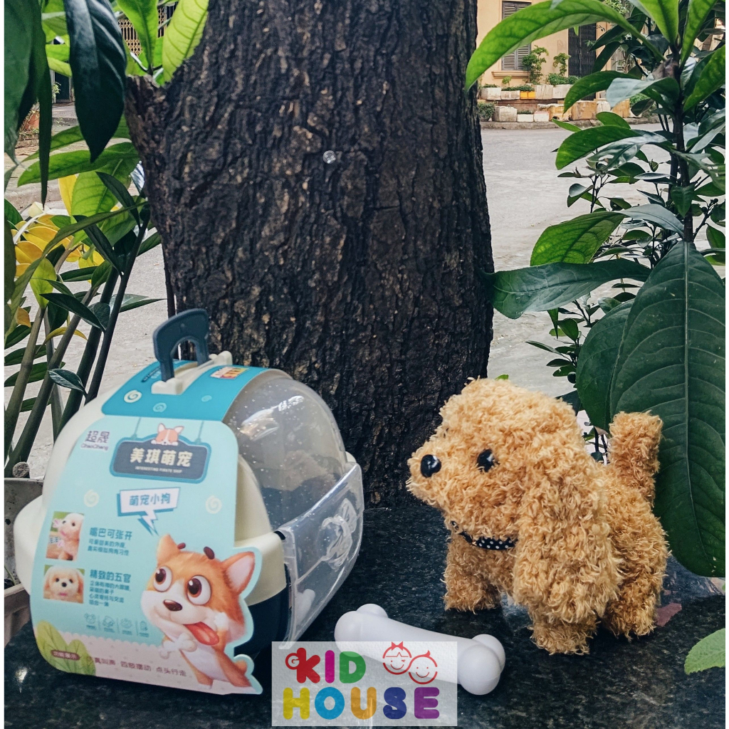 Đồ chơi chăm sóc thú cưng, thỏ bông, chó bông biết đi, kêu, vẫy đuôi kèm lồng và phụ kiện ảnh thật