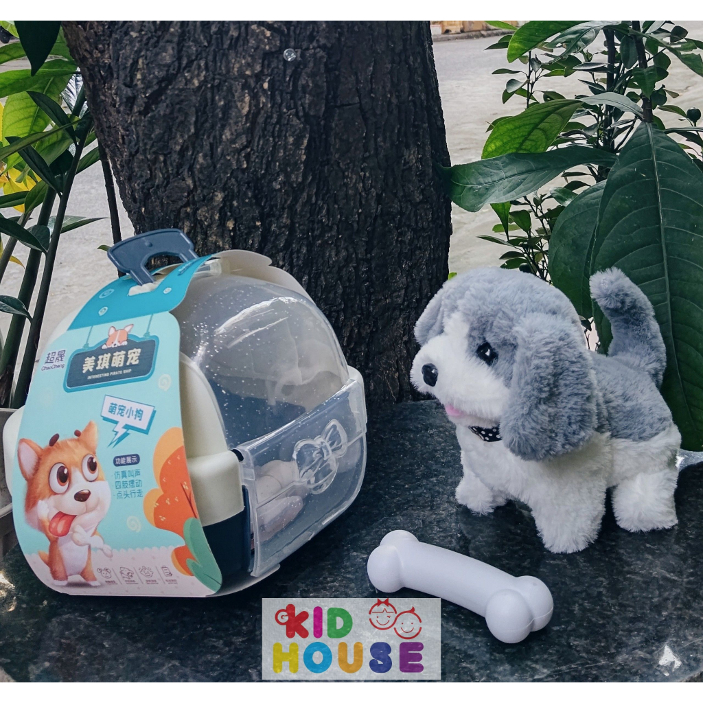 Đồ chơi chăm sóc thú cưng, thỏ bông, chó bông biết đi, kêu, vẫy đuôi kèm lồng và phụ kiện ảnh thật