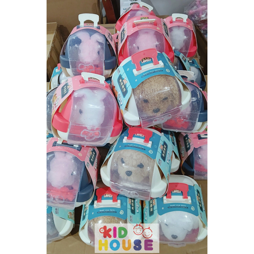 Đồ chơi chăm sóc thú cưng, thỏ bông, chó bông biết đi, kêu, vẫy đuôi kèm lồng và phụ kiện ảnh thật