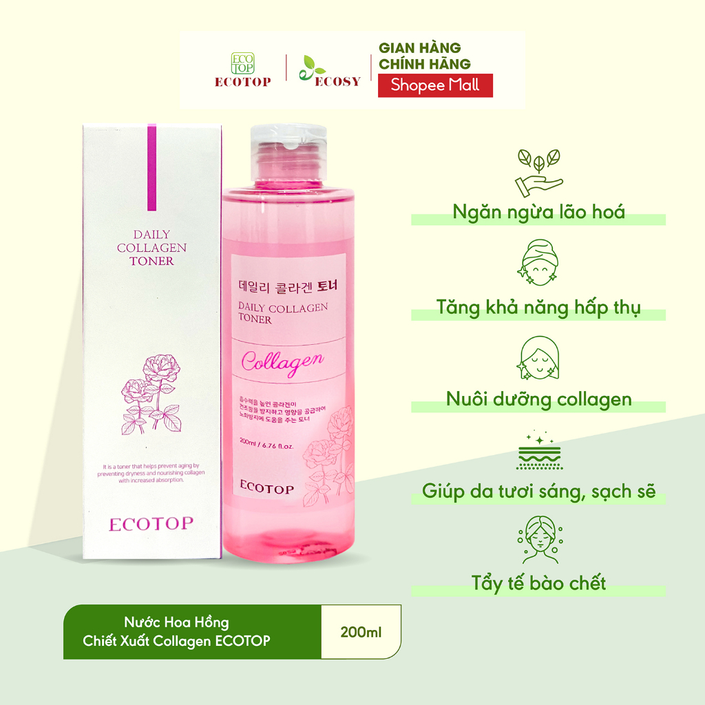 Nước Hoa Hồng ECO TOP Daily Toner Chiết Xuất Trà Xanh/ Collagen - Thẩm Thấu Nhanh, Sạch Sâu, Cấp Ẩm & Chống Lão Hóa