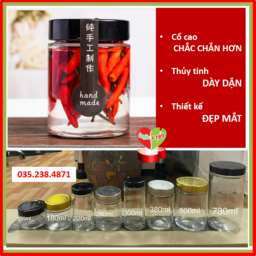 Hũ Thủy Tinh Dáng Tròn Cổ Cao, Nắp Thiếc Siêu Dày Chắc Chắn 100ml, 180ml, 220ml, 380ml, 500ml, 730ml