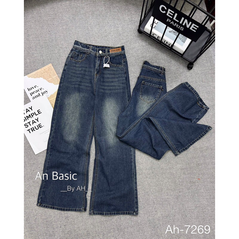 Quần jean suông tag da cạp cao