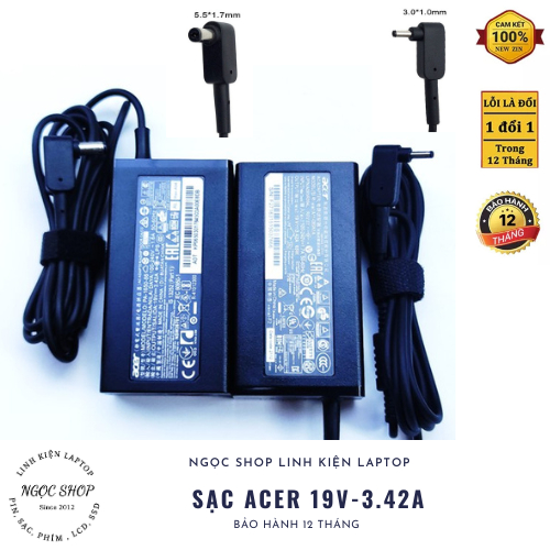 Sạc Laptop Acer 19V-3.42A 65W Chân Nhỏ (3.0mm*1.1mm) , 19V-3.42A 65W Chân Thường (5.5x1.7mm)