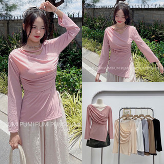 Áo kiểu tay dài đắp chéo xẻ tà 6 màu freesize Pumi 14988