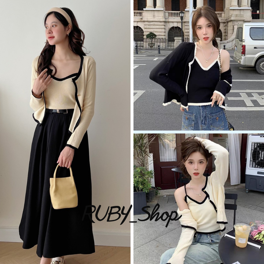 Sét 2 chi tiết áo cadigan len mỏng cài cúc  kèm áo 2 dây