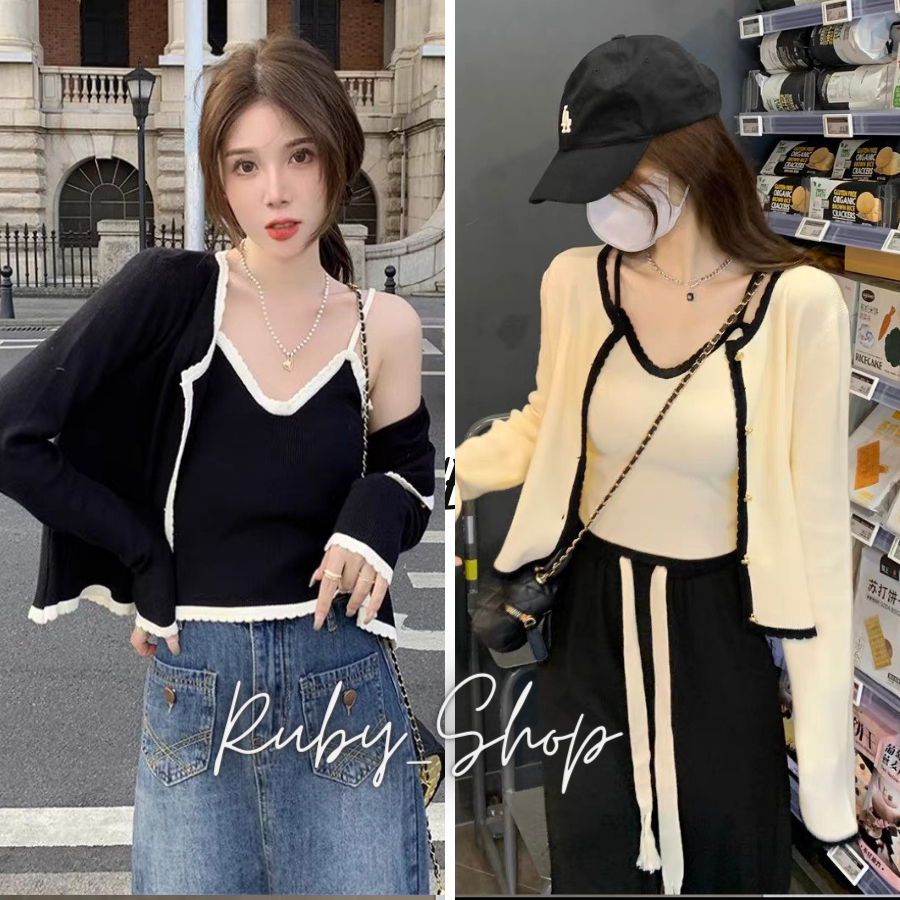 Sét 2 chi tiết áo cadigan len mỏng cài cúc  kèm áo 2 dây