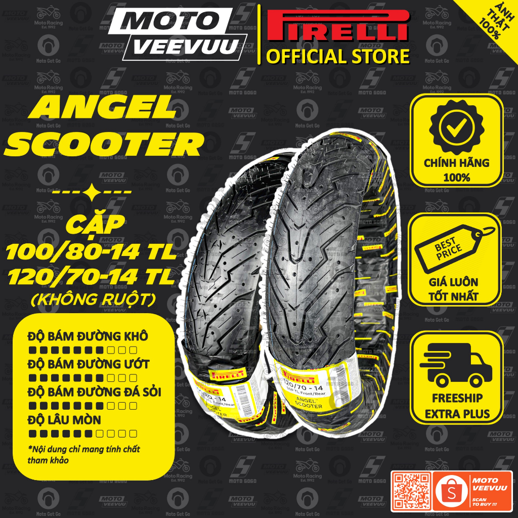 CẶP VỎ LỐP xe máy PIRELLI 100/80-14 & 120/70-14 TL Angel Scooter PCX Vario NVX 150 160