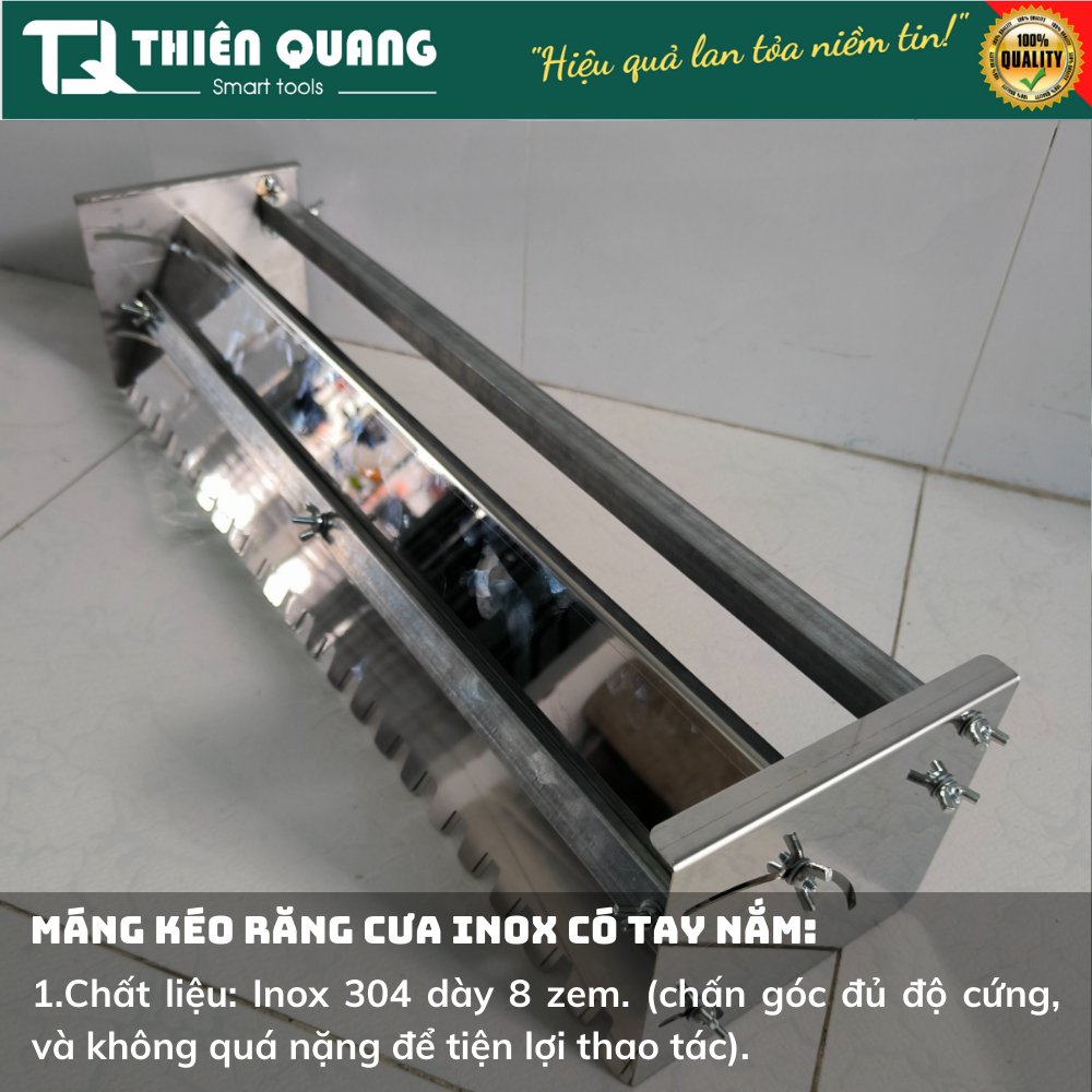 Máng kéo răng cưa inox 304 có tay nắm - Chiều dài thay đổi được từ 60cm đến 113cm