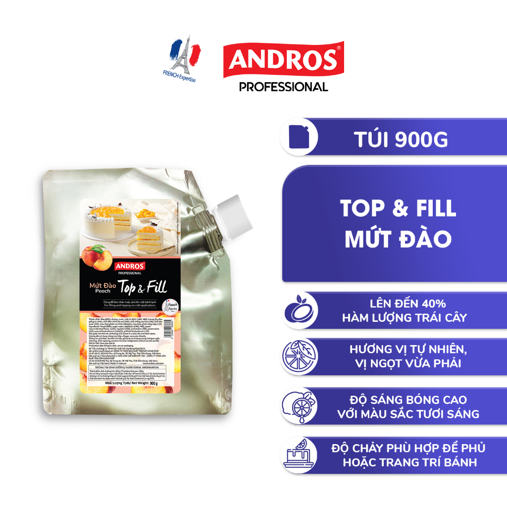 Mứt Làm Bánh Lạnh Vị Đào - Có miếng trái cây thật - ANDROS Top & Fill - 900G