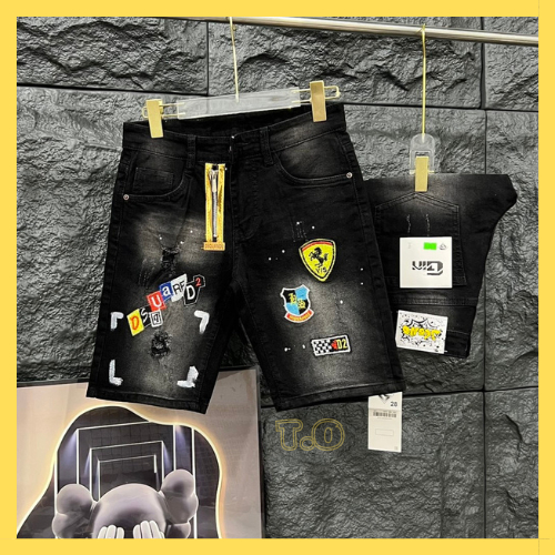Quần short jean nam boy phố thêu logo rách vá da  cao cấp