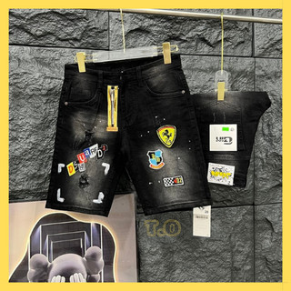 Quần short jean nam boy phố thêu logo rách vá da cao cấp