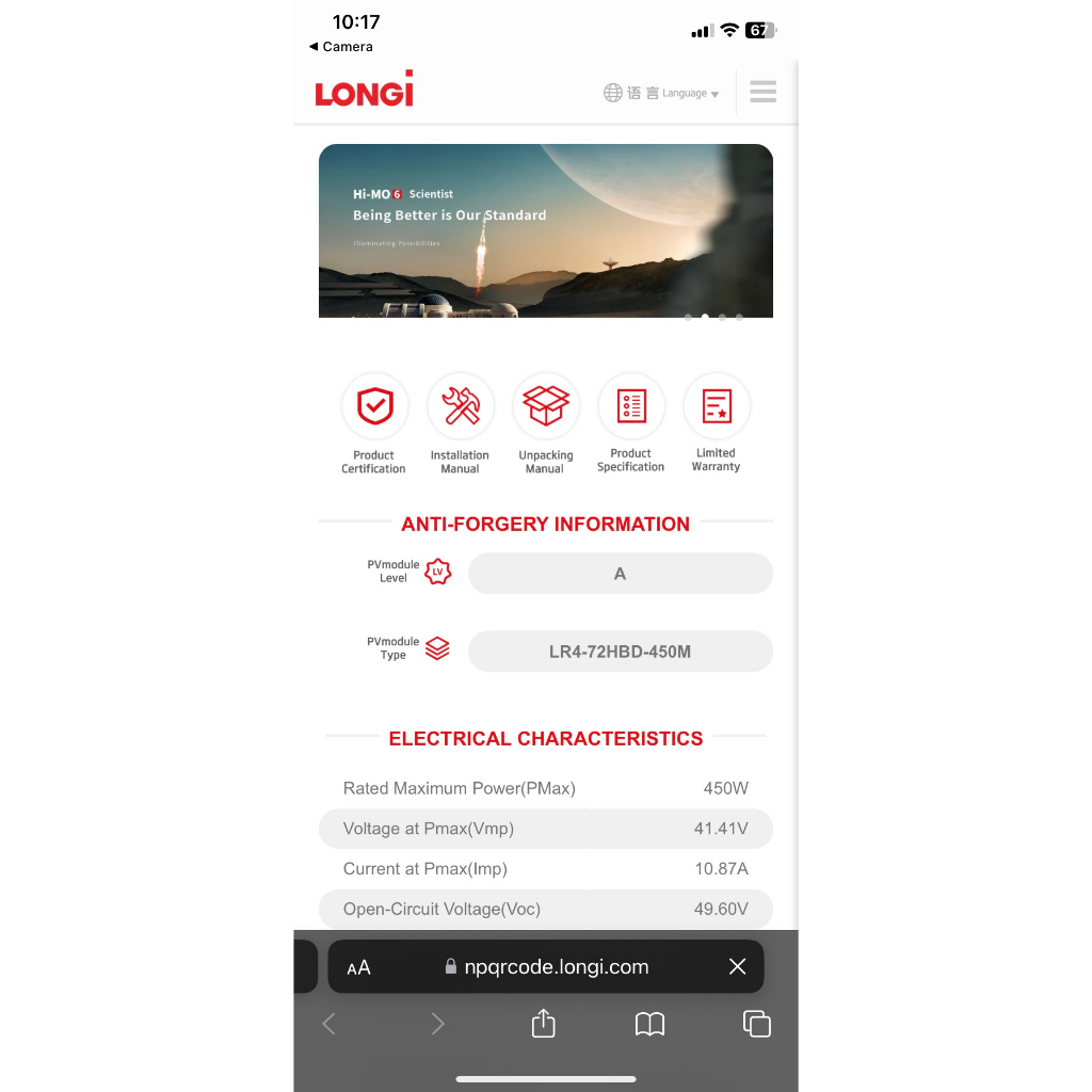 Tấm pin năng lượng mặt trời Longi 450W haflcell 2 mặt kính - hàng mới 100%