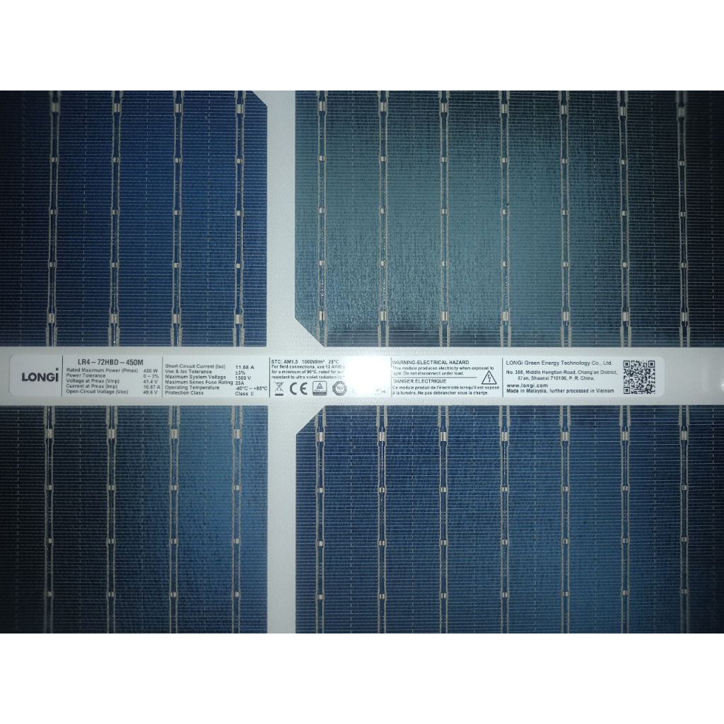 Tấm pin năng lượng mặt trời Longi 450W haflcell 2 mặt kính - hàng mới 100%