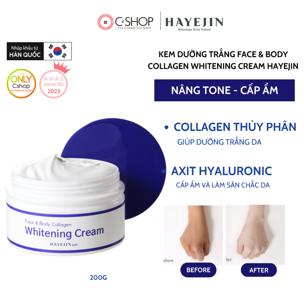 Kem dưỡng trắng da cho mặt và toàn thân Face & Body Collagen Whitening Cream HAYEJIN 200g_Mỹ phẩm Hàn Quốc chính hãng