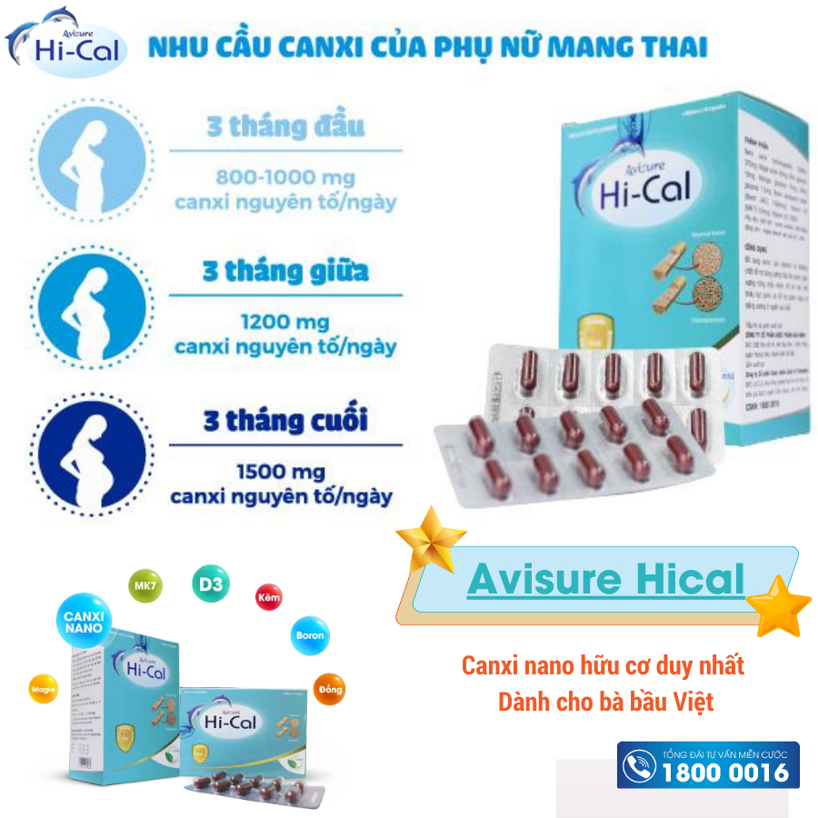 Canxi cho bà bầu, cho con bú, người cao tuổi Avisure Hical loại 60 viên