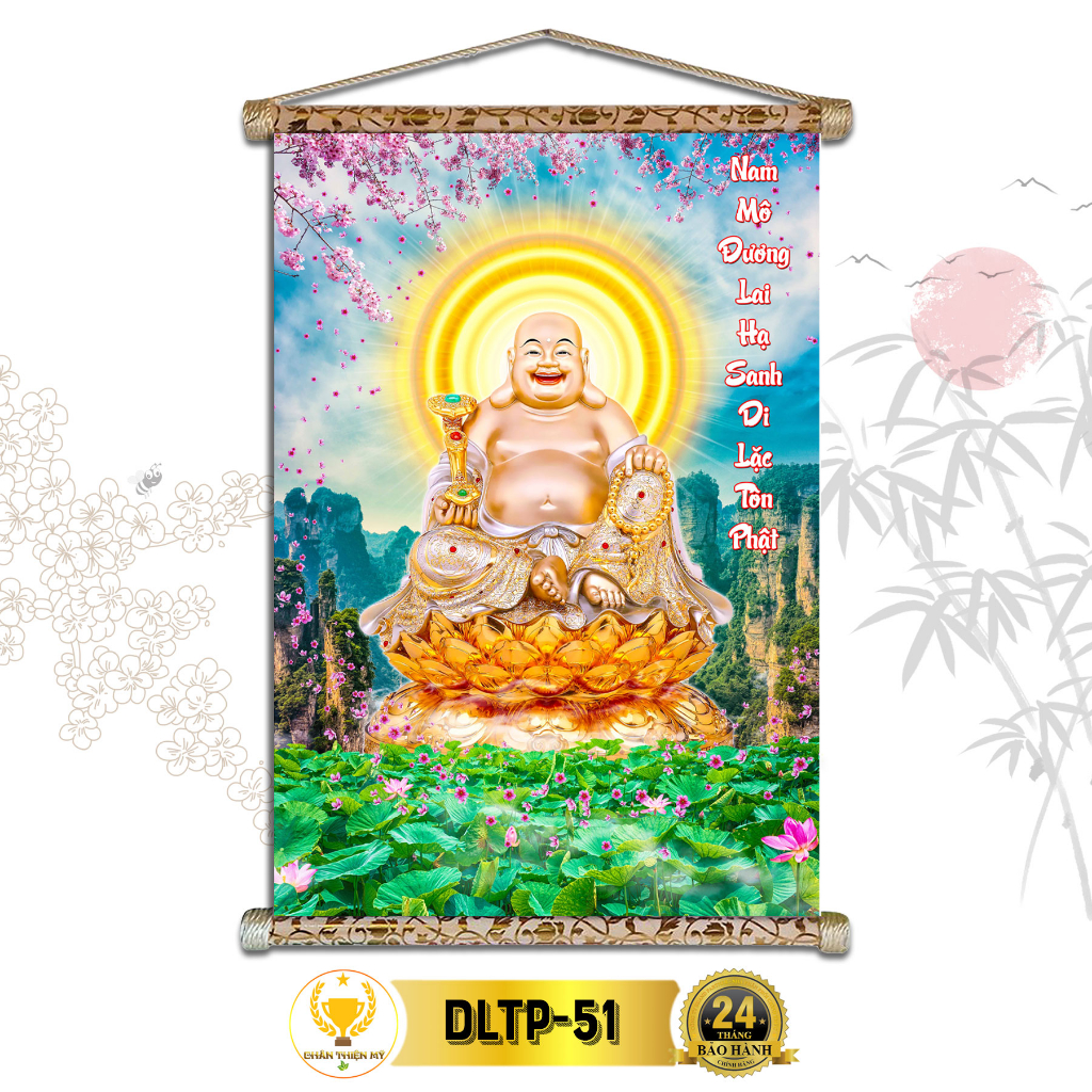 Tranh Phật Treo Tường Phật Di Lặc CHÂN THIỆN MỸ, Chất Liệu Vải Lụa Kim Sa Khung Gỗ 40x60cm DLTP-51