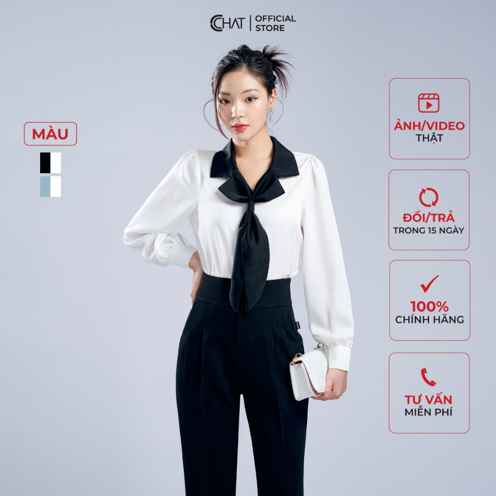 Áo Kiểu Nữ 𝐂𝐂𝐇𝐀𝐓 Cổ Ve Nơ Cách Điệu Dáng Suông Chất Lụa Cao Cấp Mềm Mịn 13ADL8009ST